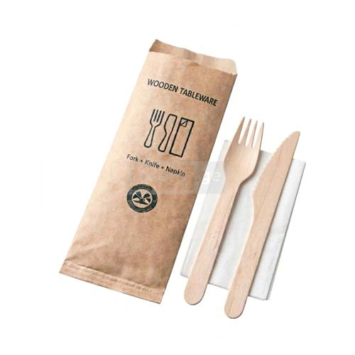 ერთჯერადი ხის ჩანგალი, დანა + ხელსახოცის ნაკრები 1*100ც